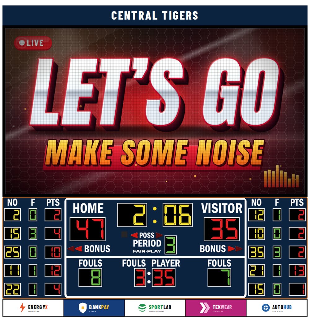 An indoor basketball scoreboard system in the Fair-Play designer: top billboard lettered Central Tigers, LED video display, basketball scoreboard with player panels and a Bottom sign with five sponsor panels