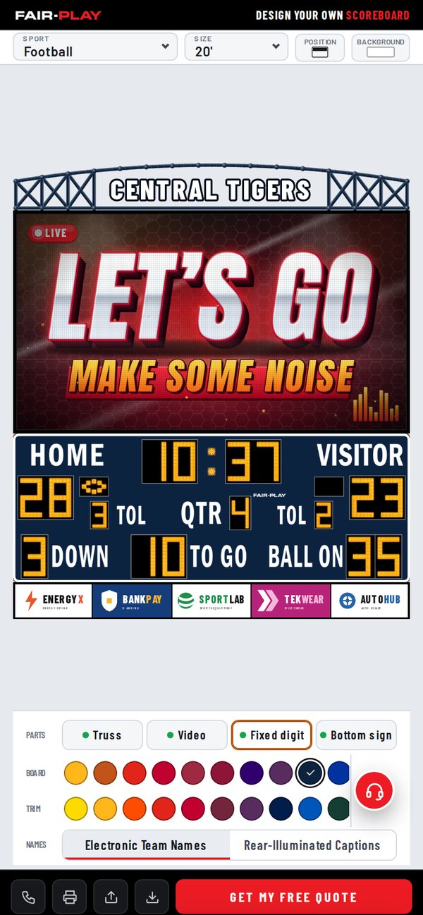 The Fair-Play scoreboard designer on a phone: sport and size at the top, the scoreboard system in the middle, parts and colour choices below, and the Get my free quote button